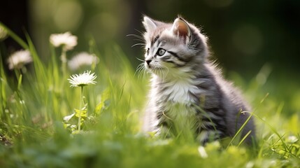 Naklejka na ściany i meble Pretty grey and white kitten outdoors on the grass with generative ai