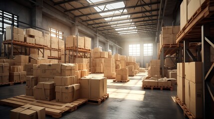 warehouse interior with shelves, pallets and boxes with generative ai