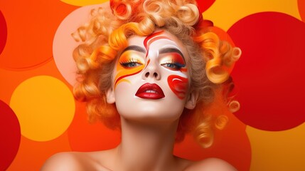 Woman, creative clown makeup on face and close eyes expression. Portrait of beauty cosmetic skincare model, circus or fantasy abstract facial paint with generative ai