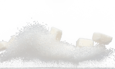 Pure Refined Sugar cube flying explosion, white crystal sugar abstract cloud fly. Pure refined sugar cubes splash stop in air, food object design. Black background isolated selective focus blur