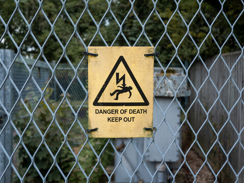 Yellow Danger of Death sign hanging on a metal sign.