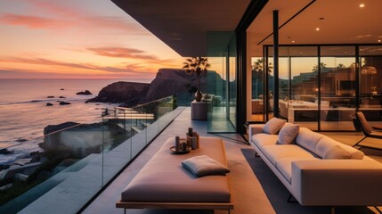 Fototapeta premium Contemporary villa with floor to ceiling windows offering breathtaking views of the ocean in Malibu, California