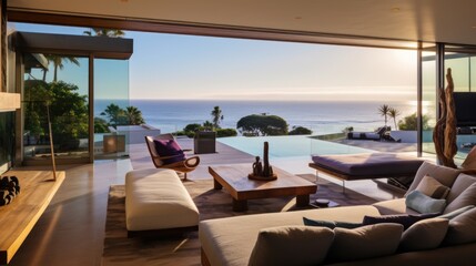 Contemporary villa with floor to ceiling windows offering breathtaking views of the ocean in Malibu, California
