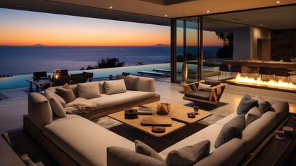 Obraz premium Contemporary villa with floor to ceiling windows offering breathtaking views of the ocean in Malibu, California