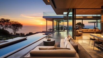Contemporary villa with floor to ceiling windows offering breathtaking views of the ocean in Malibu, California