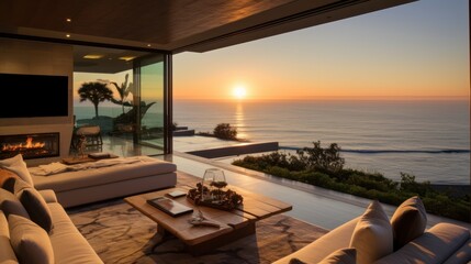 Contemporary villa with floor to ceiling windows offering breathtaking views of the ocean in Malibu, California