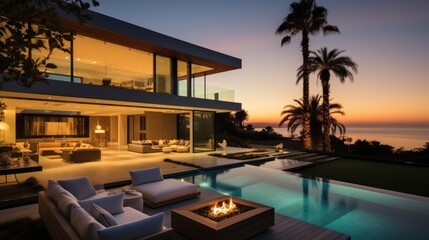 Contemporary villa with floor to ceiling windows offering breathtaking views of the ocean in Malibu, California