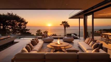 Contemporary villa with floor to ceiling windows offering breathtaking views of the ocean in Malibu, California