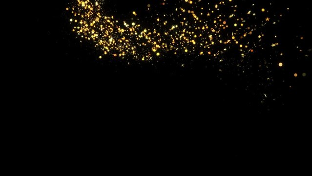 Flight of Golden Glitter Sparkling Magic energy light. Shining gold Dust particles bokeh trail sparkles black background. Birthday, Anniversary, new year, event, Christmas, Festival, Diwali. 2024