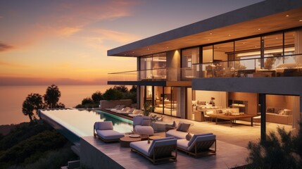 Contemporary villa with floor to ceiling windows offering breathtaking views of the ocean in Malibu, California - obrazy, fototapety, plakaty