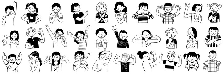 Cute character doodle illustration of children's emotion expression with hand sign and symbols. Outline, linear, thin line art, hand drawn sketch design, black and white ink style. Big set, bundle.