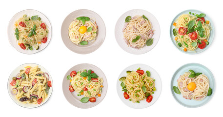 Set of different pasta dishes isolated on white, top view