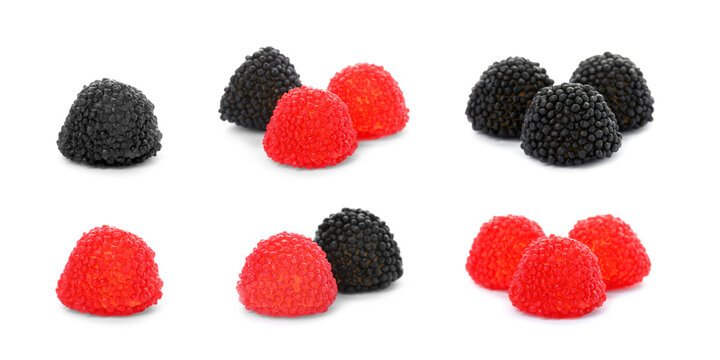 Set of sweet chewy candies isolated on white