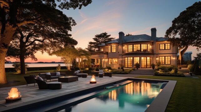 Mediterranean inspired villa with a sprawling garden and a private beach access in the exclusive Hamptons, New York