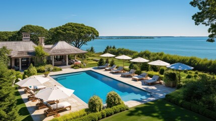 Mediterranean inspired villa with a sprawling garden and a private beach access in the exclusive Hamptons, New York