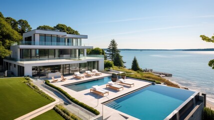 Fototapeta premium Mediterranean inspired villa with a sprawling garden and a private beach access in the exclusive Hamptons, New York