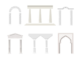 Antique white architectural arch different shape classic historical pillars set realistic vector