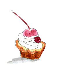 Watercolor Cherry Cupcake Illustration Isolated on White Background 