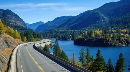 Mountains lake highway with beautiful views