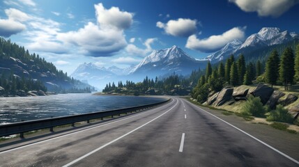 Naklejka premium Mountains lake highway with beautiful views game art