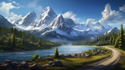 Naklejka na ściany i meble Mountains lake highway with beautiful views game art
