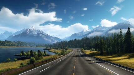Fototapeta premium Mountains lake highway with beautiful views game art