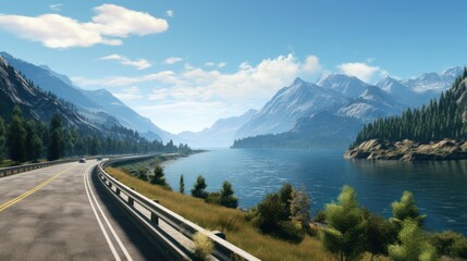 Obraz na płótnie Canvas Mountains lake highway with beautiful views game art