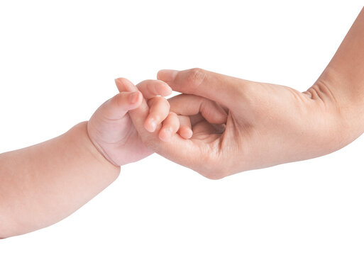Baby and mother hold in their hands isolated on white background, daycare nursery