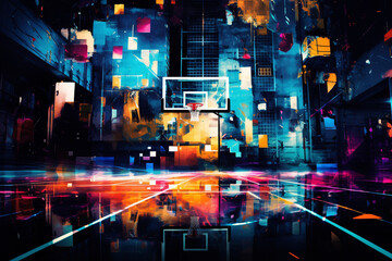 Basketball Court Colorful Fractal Kaleidescope Hologram Abstract Space Technology Futuristic