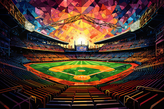 Baseball Field Kaleidescope At Sunset High Angle Mosiac Colorful Shapes Celebration Party