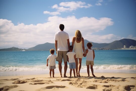 a photo of a lovely family on the beach. parents and their kids looking at the sea water on an island. photo taken behind from the back. hot summer weather vacation. morning time. Generative AI