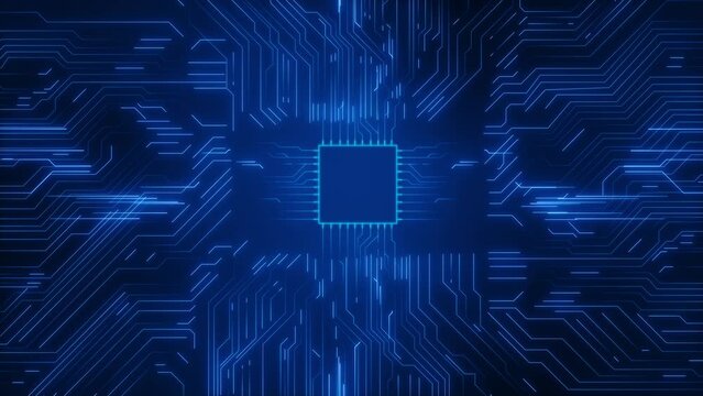 AI web network, technology circuit board Advanced Technology Visualization CPU Processor Microchip Starting Artificial Intelligence of Neural Cloud Computing Data. Digital Lines Move Data