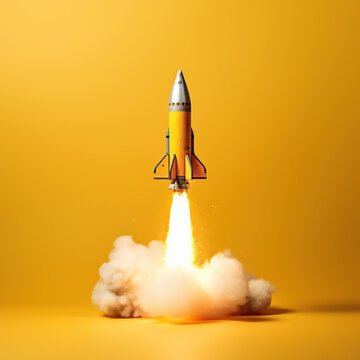 Rocket launch isolated on yellow background, ai generated
