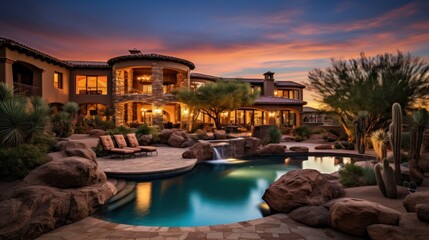 Tuscan style villa in the serene and upscale community of Scottsdale, Arizona, complete with a private courtyard and a spa - obrazy, fototapety, plakaty