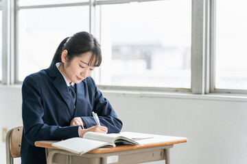 学校の教室で英語の教科書・参考書を見ながら勉強する女子高校生・中学生の生徒

