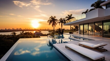 Modern villa with a private rooftop infinity pool overlooking the Miami skyline in Florida - obrazy, fototapety, plakaty