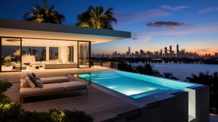 Fototapeta premium Modern villa with a private rooftop infinity pool overlooking the Miami skyline in Florida