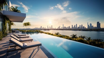 Fototapeta premium Modern villa with a private rooftop infinity pool overlooking the Miami skyline in Florida