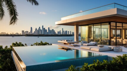 Fototapeta premium Modern villa with a private rooftop infinity pool overlooking the Miami skyline in Florida