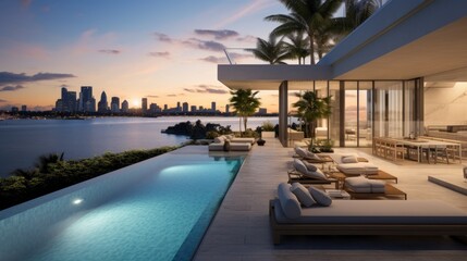 Fototapeta premium Modern villa with a private rooftop infinity pool overlooking the Miami skyline in Florida