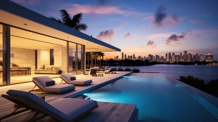 Fototapeta premium Modern villa with a private rooftop infinity pool overlooking the Miami skyline in Florida