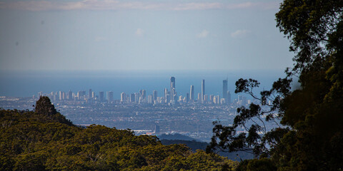 panorama of gold coast as seen from springbrook national park mountains; gold coast skyline,...