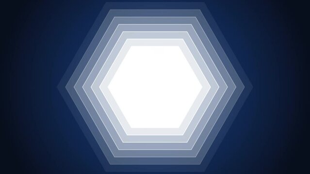 Bright white hexagon frame loop animation on dark blue background with free space