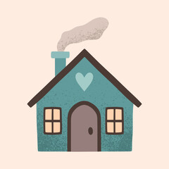 A house in a naive children's style. An illustration of a cartoon primitive autumn-colored house. Clipart for the design of greeting cards, invitations, prints, stickers and patterns. 