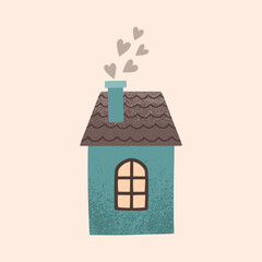 A house in a naive children's style. An illustration of a cartoon primitive autumn-colored house. Clipart for the design of greeting cards, invitations, prints, stickers and patterns. 