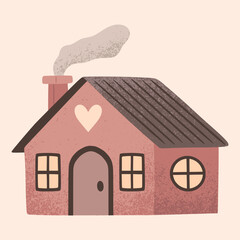A house in a naive children's style. An illustration of a cartoon primitive autumn-colored house. Clipart for the design of greeting cards, invitations, prints, stickers and patterns. 