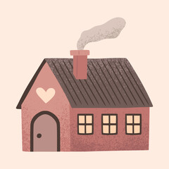 A house in a naive children's style. An illustration of a cartoon primitive autumn-colored house. Clipart for the design of greeting cards, invitations, prints, stickers and patterns. 
