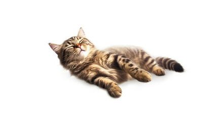 Fototapeta premium Funny large longhair gray tabby cute kitten with beautiful blue eyes. Pets and lifestyle concept. Lovely fluffy cat on white background.