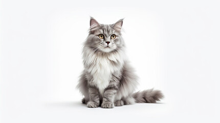 Obraz premium Funny large longhair gray tabby cute kitten with beautiful blue eyes. Pets and lifestyle concept. Lovely fluffy cat on white background.