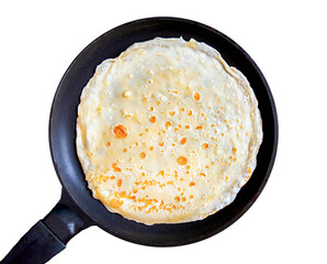 Pan with delicious thin Crepes isolated on a white background